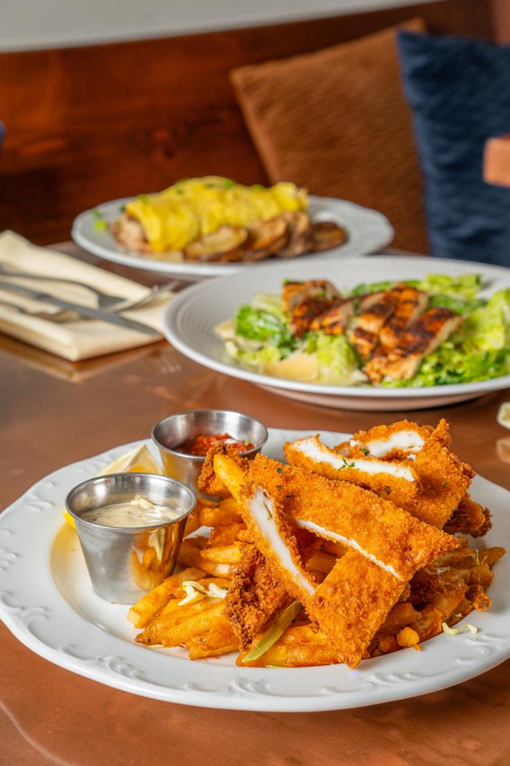 Fish and chips with a Caesar salad